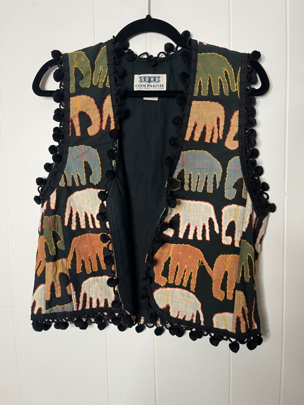 Soho Compagnie Embroidered Applique Elephant Pom-Pom Vest - Multicolor on Black